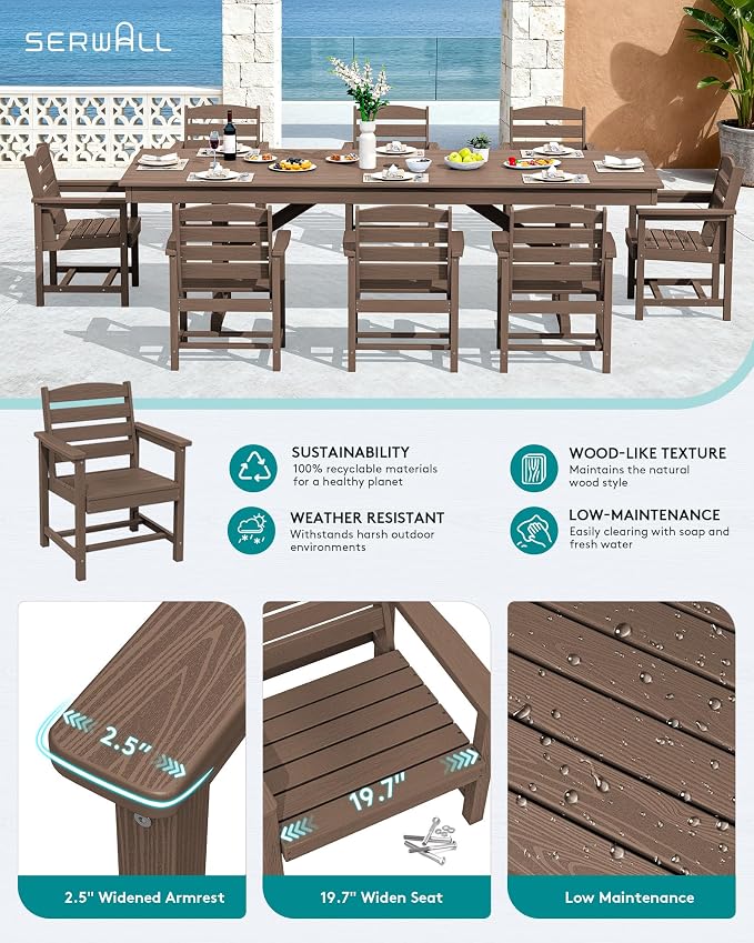 SERWALL Outdoor Dining Chairs Set of 4, All-Weather HDPE Patio Chair with 19.7" Widened Seat, for Backyard, Garden, Brown - Image 3