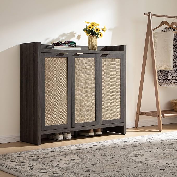 SICOTAS Shoe Storage Cabinet, 30 Pairs Rattan Shoe Cabinet Storage for Entryway, 6-Tier 41" Tall Large Shoe Cabinet, Boho Farmhouse Cabinet with Doors for Entryway Hallway Living Room, Black Oak - Image 3