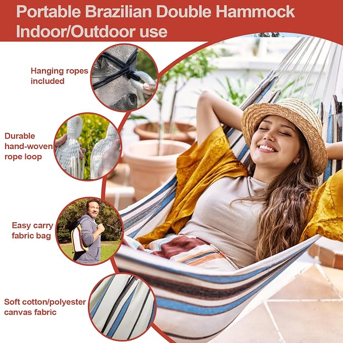JoyView Brazilian Hammock for Single Preson Portable Hammock with Hanging Ropes & Carry Bag Large 78.8x39.4” for Patio 300LBS Capacity Perfect for Outdoor/Indoor - Red Stripe - Image 3