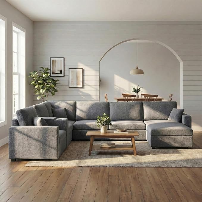 Merax Modern Oversized U-Shaped Sectional Sofa with Piollows & Chaise Lounge, Chenille 5-Seat Couch Set Sleeper Bed with Cup Holders, Storage Drawer for Living Room, Easy Assemble, Gray