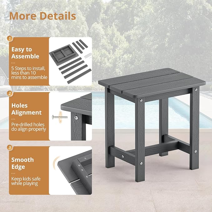 LUE BONA Outdoor Side Table Set of 2, HDPS Small Outdoor Table, Adirondack Side Table, Outside End Table for Patio, Deck, Pool, Weather Resistant/Easy Maintenance, Dark Gray - Image 7
