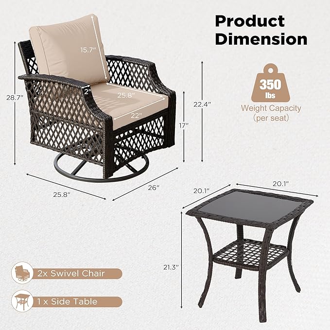 HOMREST 3 Piece Outdoor Swivel Chair Set, Wicker Patio Bistro Set with Thickened 25D Cushions and Glass Coffee Table, Patio Furniture Conversation Set for Deck, Yard, Garden, Poolside(Khaki)