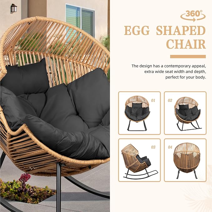 Vongrasig Wicker Egg Chair PE Rattan Rocking Chair with Cushion, Oversized Patio Lounge Rocker Chair for Outdoor, Indoor, Balcony, Backyard, Garden, Black - Image 6