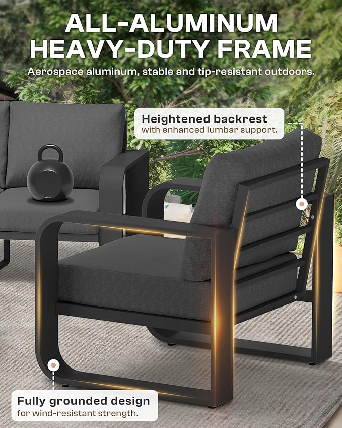 Aluminum Outdoor Patio Furniture Set, 4 Piece Oversized Patio Conversation Sets Widened Armrest & Ultra-Thick Cushions, Heavy Duty Modern Sectional Furniture for Backyard, Deck, Graphite