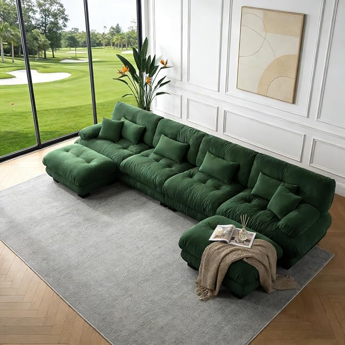 173.2" U-Shaped Cloud Couch, Oversized Modular Sectional Sofa, Deep Seat Cloud Boneless Couch, 4-Seat Modular Sectional Sofa with 2 Ottoman or Living Room,Bedroom and Apartment, Green