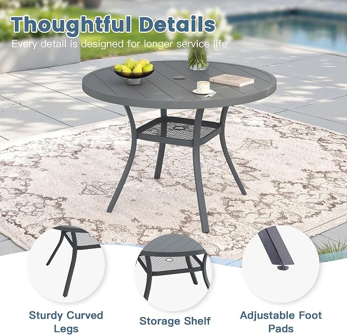 DIFY Outdoor Dining Set for 4, Patio Dining Furniture Set Includes 42" Grey Round Table with Adjustable Umbrella Hole and 4 Grey Stackable Metal Chairs for Poolside, Garden, Backyard - Image 3