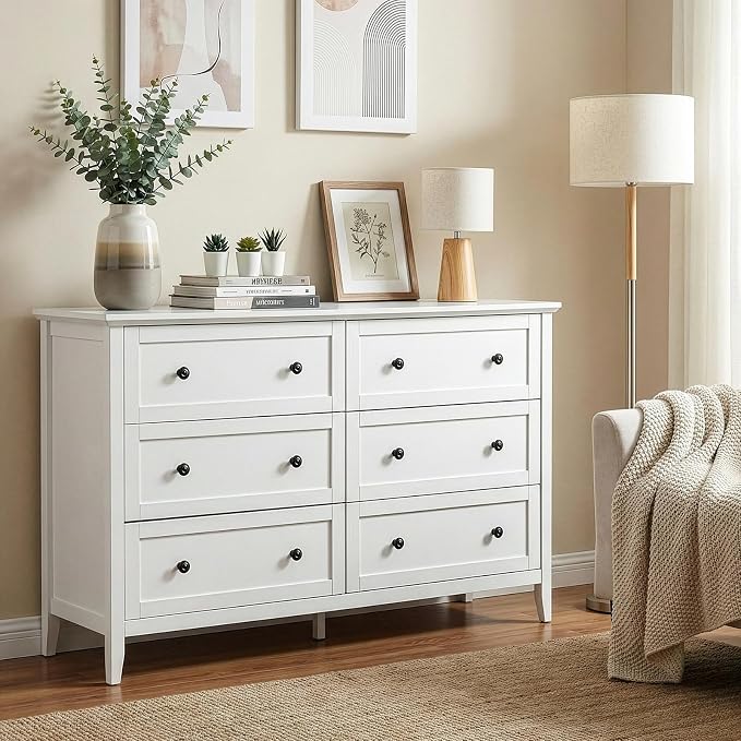 Karl home 6 Drawers Dresser for Bedroom, White Wood Dresser with Double Handle, Farmhouse Tall Chest of Drawers, Storage Organizer for Living Room, Closet, Hallway by Karlhome