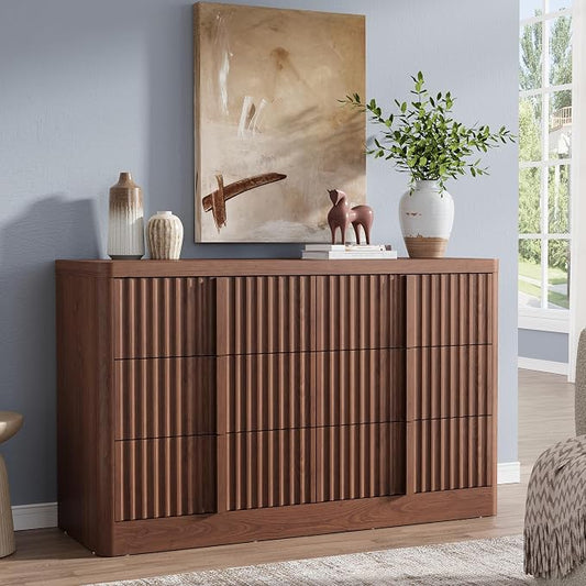 Fluted Dresser for Bedroom, 47" Wide 6 Drawer Dressers, Modern Chest of Drawers with Solid Wood Handle, Curved Profile Design, Wood Dresser Storage Organizer, Living Room, Hallway, Walnut by Harpaq