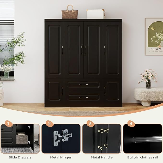 GraceGrove Armoire Wardrobe Closet with 4 Doors and 2 Hanging Rods, Armoire Wardrobe Closet Cabinet with 2 Drawers, Wood Closet Storage Wardrobe, Tall Armoires and Wardrobes Cabinet Black