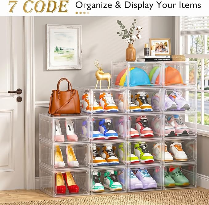 Thickened Clear Shoe Storage Organizer with Magnetic Door, Sturdy Stackable Shoe Boxes for Closet, Collapsible Space-Saving Shoe Rack for Sneakers & Boots, Plastic Shoe Cabinet Box Set, 6 Pack, White - Image 5