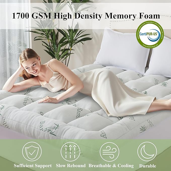 ELNIDO QUEEN® 3 Inch Memory Foam Mattress Topper King Size - Cooling Breathable Bamboo Viscose Pillow Top for Hot Sleepers, 1700 GSM Fill, Ultra Soft Mattress Pad for Back Pain Relief, 3"x78"x80"