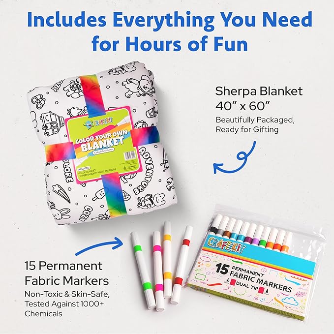 Color-In Blanket for Kids & Adults – Oversized Wearable Blanket Craft Kit – Permanent Marker Design – Sherpa Fleece, Machine Washable - 40" x 60"
