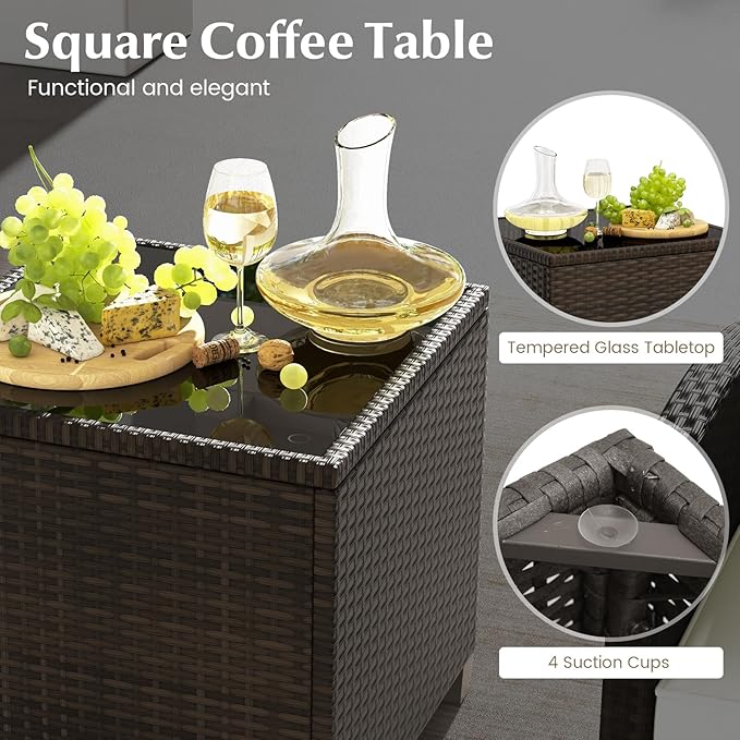 Tangkula 5 Pieces Patio Conversation Set, PE Wicker Outdoor Furniture Set with 2 Chairs, 2 Ottomans & Tempered Glass Coffee Table, Ideal for Poolside, Backyard, Lawn, Deck, Mix Brown & Off White