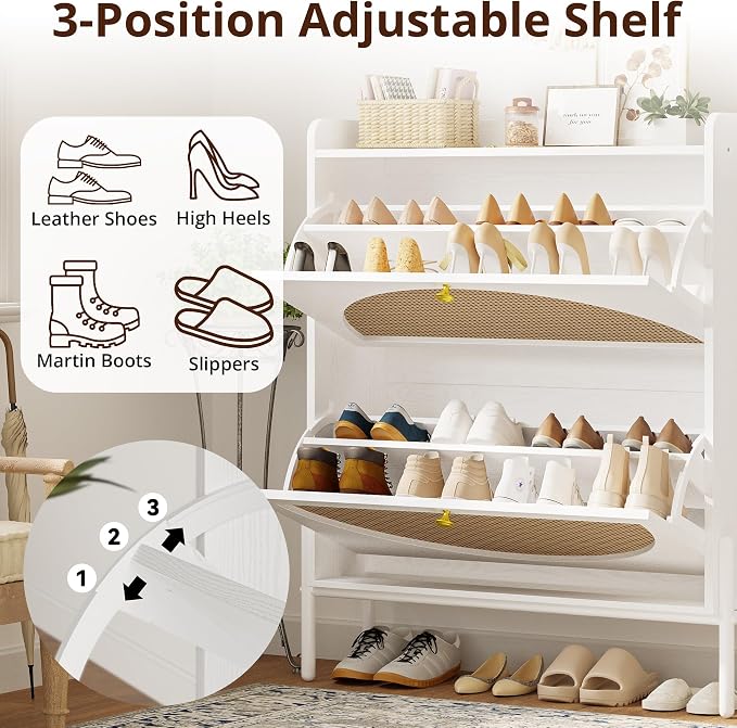 IRONCK Shoe Cabinet Storage with 2 Flip Drawers, Free Standing Wooden Shoe Storage Organizer Cabinet with Rattan Doors for Entryway, Narrow Shoe Rack Cabinet, White - Image 5