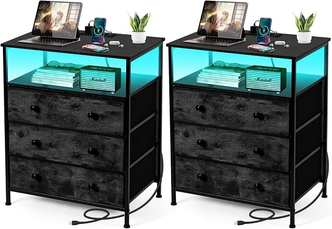 3 Drawers Dresser with Charging Station, 24 Inch Wide LED Night Stand Set 2 with Adjustable Fabric Drawer, Nightstand with Storage Shelf for Living Room/Bedroom/Office, Black. by PATAVOT