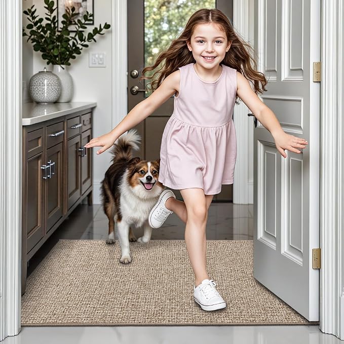LUMI Ultra Thin Door Mat for Entryway, 32"x47" Low Profile Non Slip Rubber Backing Indoor Doormat, Easy Clean Welcome Entrance Mat for Inside House, Patio, Khaki - Image 5