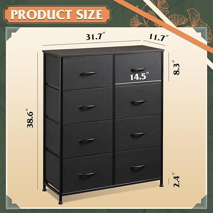 WLIVE Fabric Dresser for Bedroom, Tall Dresser with 8 Drawers, Storage Tower with Fabric Bins, Double Dressers, Chest of Drawers for Closet, Living Room, Hallway, Charcoal Black - Image 3