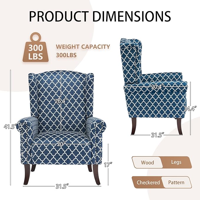 Modern Plaid Accent Chair, Mid-Century Upholstered Wingback Armchair Club Sofa Chair with Wooden Legs, Living Room Chair for Bedroom, Balcony, Lounge (Blue Check)