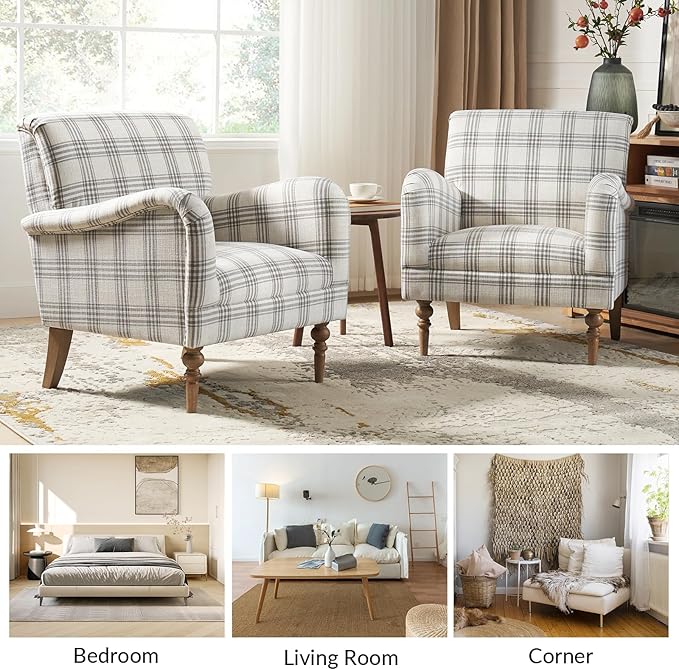 HULALA HOME Modern Accent Chair with Arms and Wooden Legs, Comfy Upholstered Armchair for Living Room, Bedroom (Plaid Pattern, Grey)