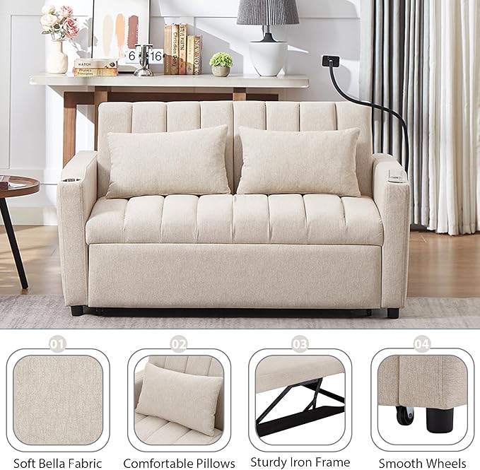 Eafurn 3 in 1 Convertible Sleeper Sofa Bed - Pull Out Couch Bed with Side Pockets, 55.9" Futon Love Seat Sleeper with Cup Holders and 360°Swivel Phone Holder for Living Room