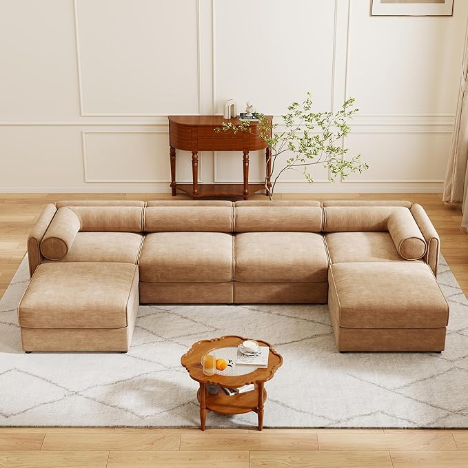 KEIKI 143" U-Shaped Modular Chenille Sectional Sofa with Storage Seat, 2 Ottoman, Modern Style 4-Seater Couch with Cylindrical Backrest and Armrests, Easy Assembly, for Apartment, Living Room, Camel