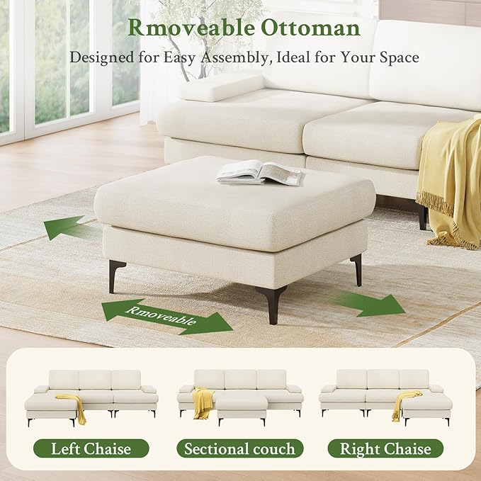 Sectional Couches for Living Room, 96" Chenille Modern L Shaped Couch with Ottoman, Deep 4 Seater Sofas for Living Room, Sectional Sofa for Bedroom, Office, Apartment, Pearl White