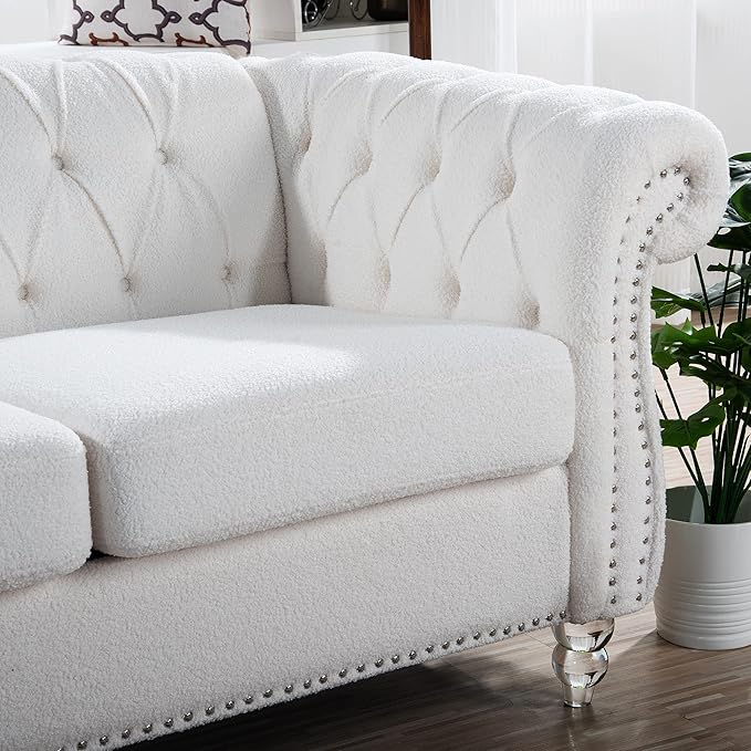 ERYE 84.5-Inch Classic 3 Seat Chesterfield Sofa Couches for Living Room Bedroom, 3 Seaters Button Tufted Teddy Fabric Upholstered Chesterfield Sofa Couch,Acrylic Legs | Button Tufted, Easy to Assemble, Nailhead, Removable Cushion