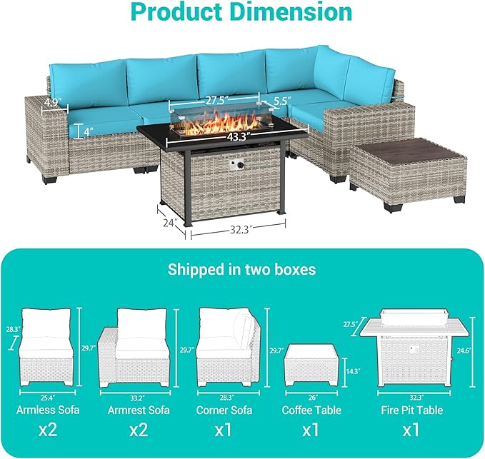 7-Piece Outdoor Patio Furniture Set with 55,000 BTU Fire Pit Table, PE Wicker Rattan Sectional Sofa Set Patio Conversation Set with Coffee Table, Turquoise