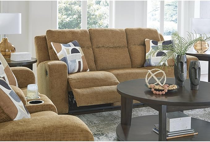 Signature Design by Ashley Kanlow Contemporary Manual Reclining Sofa with 2 Accent Pillows, Light Brown