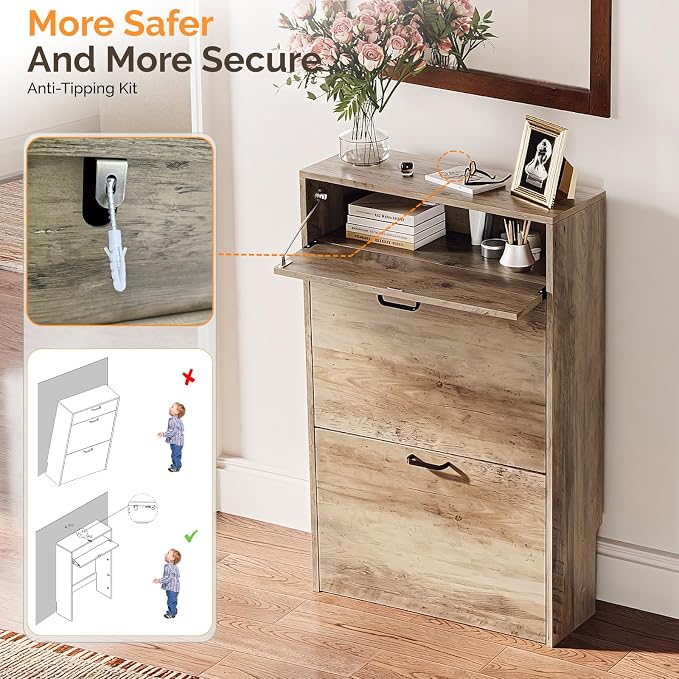 VINGLI Shoe Cabinet Storage for Entryway Ultra Slim with 2 Flip &1Drop-Down Drawers, 24.8" W Narrow Shoe Cabinet for Front Door Entrance,Freestanding Washed Gray Wood Shoes Organizer for Hallway - Image 8