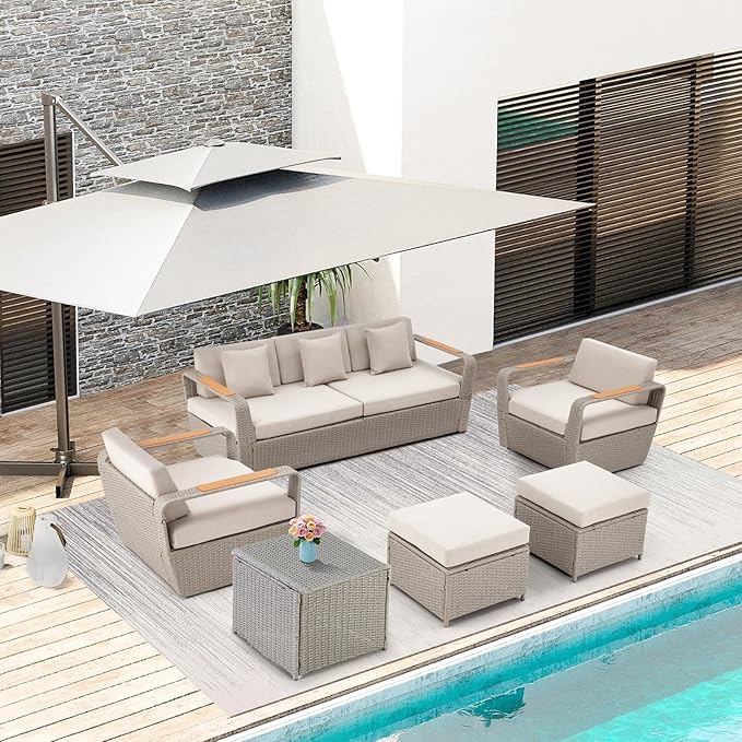 HOMREST 6 Pieces Patio Furniture Set, Outdoor Sectional Conversation Rattan Sofa Set with Ottoman and Outdoor Side Coffee Table for Garden, Porch, Backyard (Light Gray)