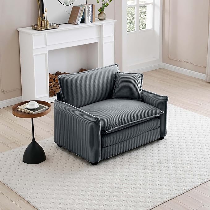 KEIKI 46" Oversized Corduroy Modular Sectional Single Sofa with High-Density Foam Cushions, Removable Armrests, Upholstered Retro 1-Seater Lounge Accent Chair with 1 Pillow, for Living Room, Grey