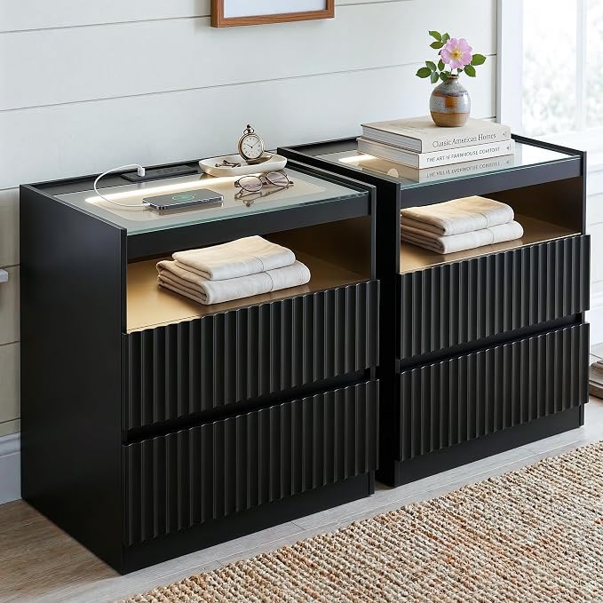 NightStand Set of 2 with Charging Station,with LED Lights and Tempered Glass Panel,Modern Bedside Tablewith 2 Fluted Drawers and Open Shelf,Hidden Handles End Table,Bedroom of Nightstand(Black) by SENLIN