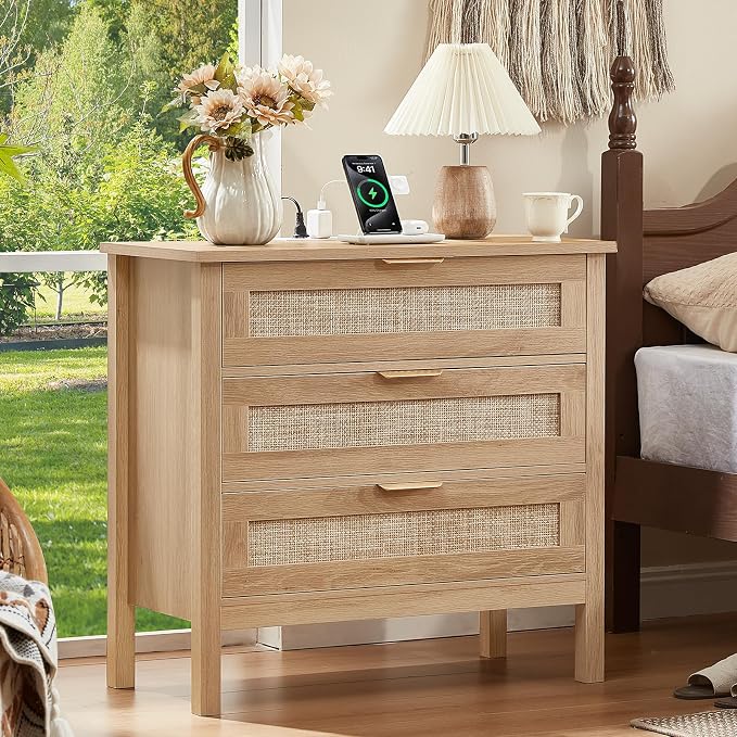 LEYAOYAO 31.5" Wide Rattan Nightstands Set of 2 with Charger Station, Large Boho 3 Drawer Night Stand, Natural Wood Bedside Table with Storage, Bed Side End Tables for Bedroom, Living Room, Hallway - Image 5