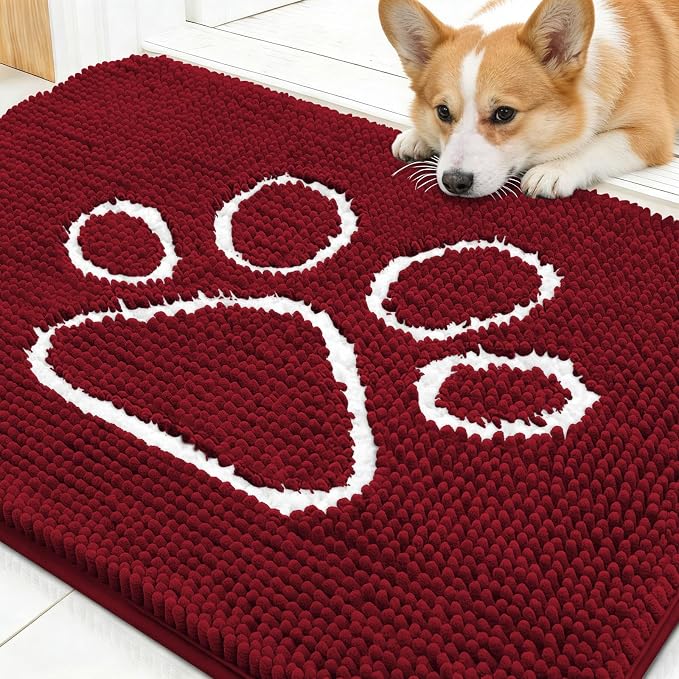 OLANLY Dog Door Mat for Muddy Paws 30x20, Paw Print Design, Absorbs Moisture and Dirt, Absorbent Non-Slip Washable Doormat, Quick Dry Chenille Mud Mat for Dogs, Entry Indoor Entryway Carpet, Red by OLANLY
