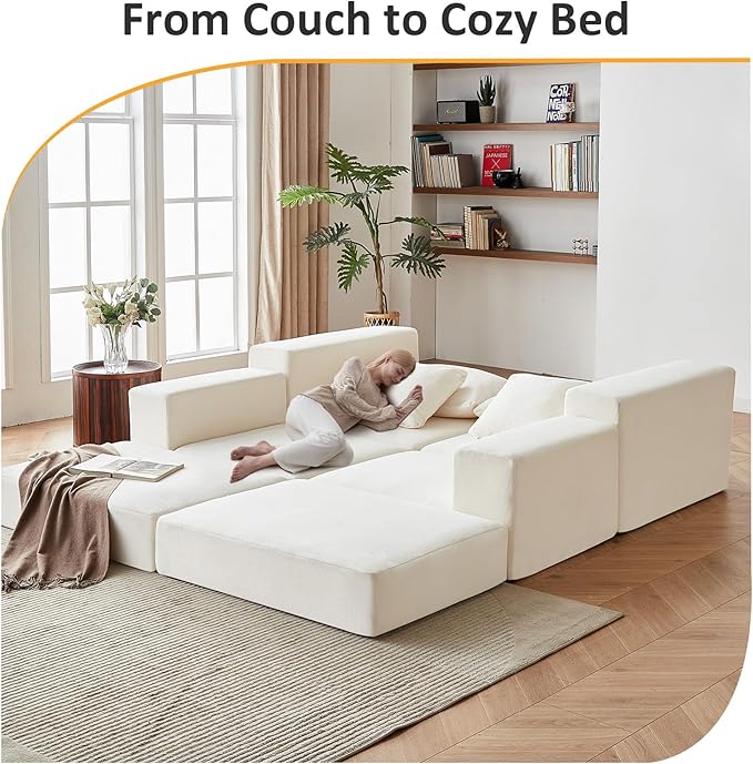 Modular Sectional Loveaeat Cloud Sofa, Boneless Couch with Non Slip Base, Modern Sleeper Sofa for Customizable Living Spaces, Cozy Modular Couch with L-Shape Chaise, Deep Seat & No Assembly, Beige