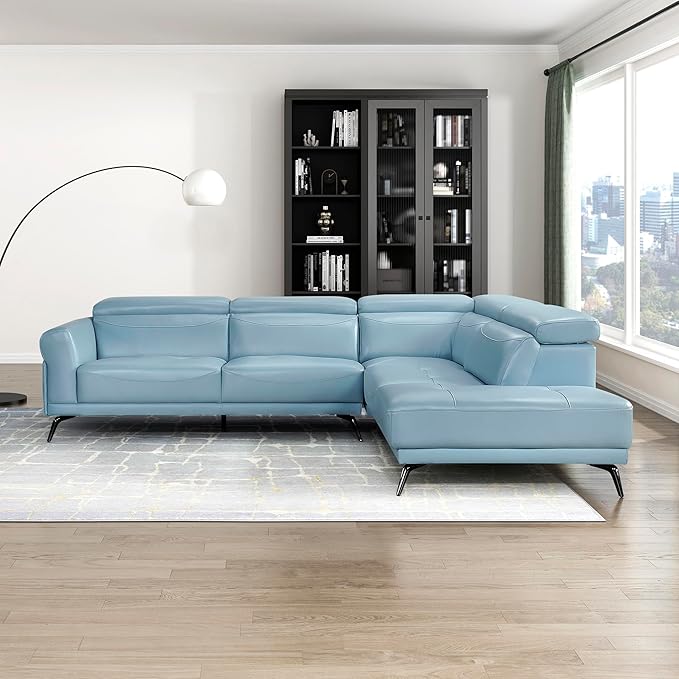 Lexicon L-Shaped Sectional Couch with Right Chaise, Top Grain Leather Match Sectional Sofa, Adjustable Headrests, Black Chrome Metal Legs, High-Density Cushions, Stitching, for Living Room, Blue