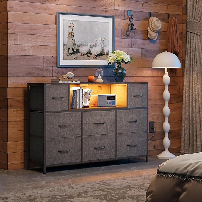 Simple Deluxe TV Stand Dresser with 8 Fabric Drawers and Open Shelves, Entertainment Center with LED Lights & Charging Station, Wood Top for 45" -55" TV, for Bedroom/Living Room/Hallway, Grey