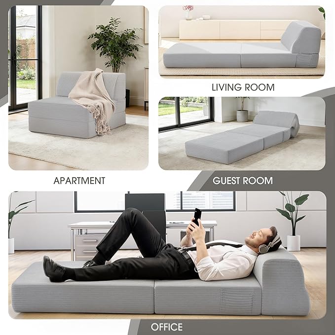 Folding Sofa Bed with Pillow, Memory Foam Fold Out Chair Bed, Convertible Sleeper Chair with Washable Cover, Futon Floor Couch for Living Room/Dorm/Guest Use/Home Office/Apartment, Light Grey