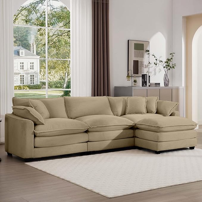 KEIKI 115" L-Shaped Oversized Corduroy Modular Sectional Sofa with 1 Ottoman, High-Density Foam Cushions, Removable Armrests, Upholstered 3-Seater Corner Couch with 5 Pillow, for Living Room, Tan