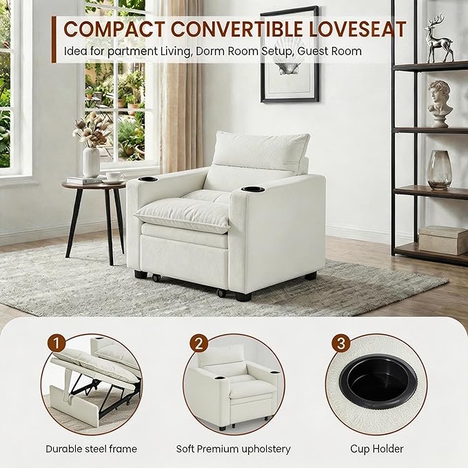 Casaphoria Convertible Sleeper Chair 66.54" Futon Sofa Bed Single Sleeper Sofa Small Couch Bed with Adjustable Backrest for College Dorm Bedroom Studio Apartment