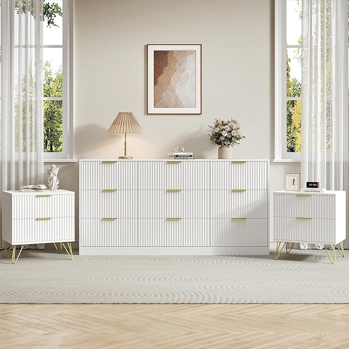 9 Drawer Dresser and Nightstand Sets for Bedroom, 3 Pcs Bedroom Set, Night Stand Set of 2 & 9 Drawer Dresser with Gold Handles, Modern Wood Chest of Drawers Storage Cabinet Set, White