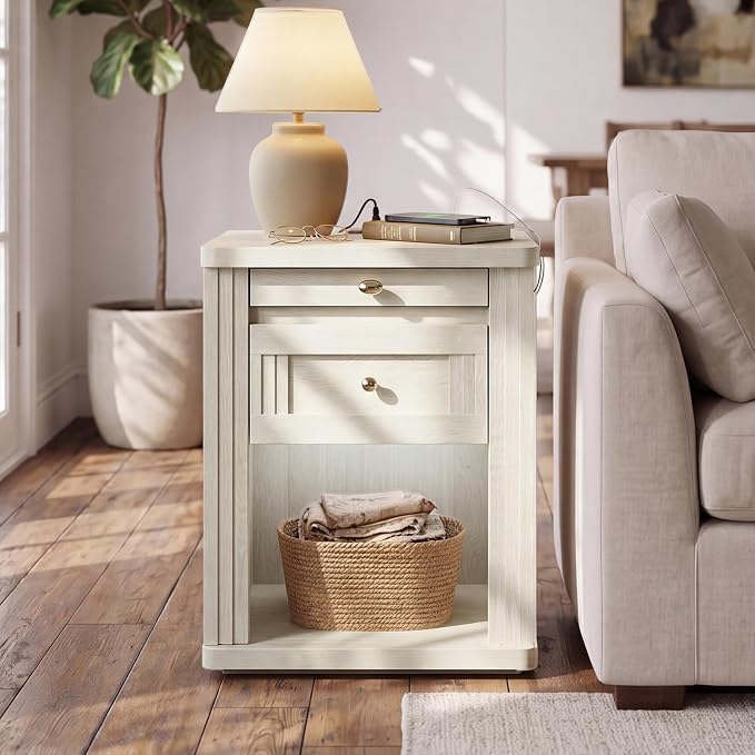 STO'SENSE Nightstand, Narrow Night Stands with Charging Station & Led Light, Wood Nightstand Bedside Table with Drawers & Pull-Out Tray, End Table for Bedroom, White Oak - Image 4
