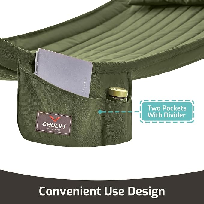 CHULIM Double Quilted Fabric Hammock with Hardwood Spreader Bars and Pillow 450 LBS Capacity 2 Person Large Hammock for Outdoor Patio Backyard Poolside - Green - Image 3