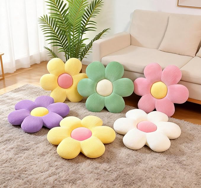 2Pcs Sage Green Throw Pillows, Daisy Pillow Flower Shaped Pillows Floor Cushions Preppy Girls Bedroom Decor Decorative Pillows for Bed Sofa Couch 15.35In