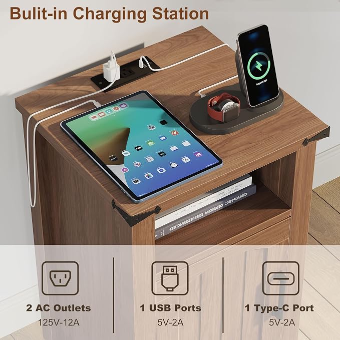 Farmhouse Nightstand with Charging Station, End Table with USB/Type-C Ports and Power Outlets, Rustic Bedside Table with Large Storage and Open Shelf, Modern Side Table for Bedroom, Walnut - Image 4