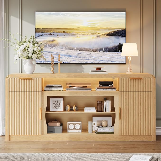 Decofy 70" Fluted TV Stand, Entertainment Center for 80" TVs, Mid Century Modern TV Console Cabinet with Wavy Grain Doors & Adjustable Shelves, Modern Media TV Console Table for Living Room (Oak) - Image 4