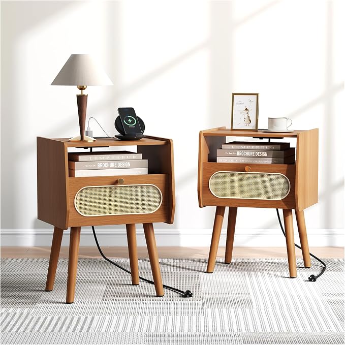 JOINICE Night Stand Set 2, Mid Century Modern Nightstands Drawer, Rattan Bedside Table with Charging Station, Boho End Table with Storage, Wood Bed Side Tables for Bedroom, Small Space, Cherry by Joinice