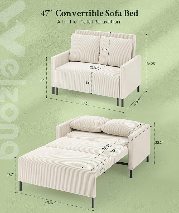 47.2" Convertible Sofa Bed Couch, Comfy Corduroy Couch Bed, All in 1 Loveseat Sleeper Sofa, Love Seat Sleeper Bed 2 Pillows, Modern Couches for Living Room/Apartment/Home/Office, Cream White