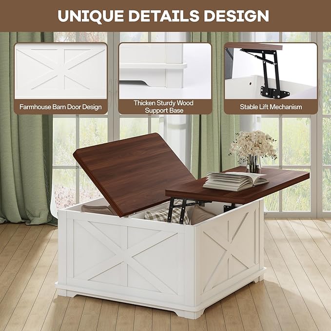 Farmhouse Coffee Table with Hydraulic Lifter, Square Coffee Table with Large Hidden Storage Compartment for Living Room, Wooden Coffee Tables with Brown Flip-Top Lids for Home Office, White
